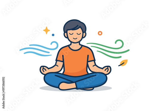 Mindful breathing practice centered on a calm person sitting cross-legged with gentle airflow lines moving in and out, symbolizing slow controlled breaths and