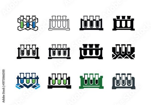 Chemistry. Icon set. Set Logo of Chemistry: test tube rack. harmonious logo variations of the same emblematic concept, each with different artistic