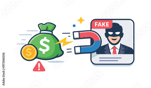 Deepfake CEO fraud financial impact concept shown as a money icon being pulled toward a fake profile, conveying loss, urgency and executive-level exploitation.