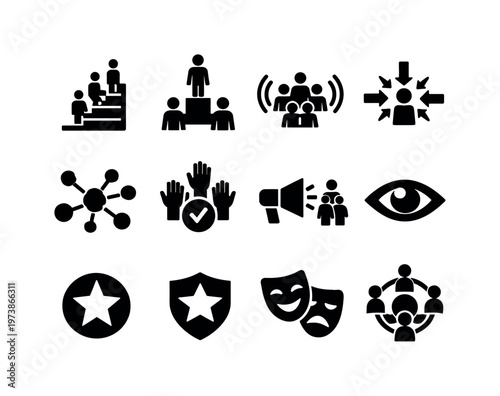 Social Power. Solid icon set of Social Power: social hierarchy ladder, group leader, crowd influence waves, peer pressure arrows, social network nodes,