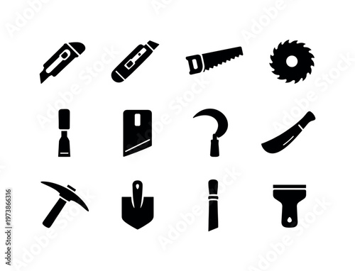 Tools with Edges. Solid icon set of tools with edges: utility knife, box cutter, hand saw, circular saw blade, wood chisel, plane blade, sickle, machete,