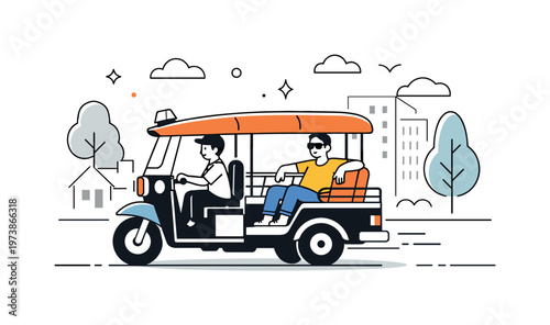 City commute by tuk-tuk. A tuk-tuk driving along a road with simple buildings and trees, a passenger enjoying the ride. The illustration shows practical