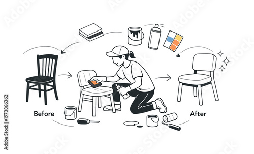 Furniture makeover. A person sanding and repainting an old chair, transforming it into a fresh modern piece. Before-and-after silhouettes and small tools hover