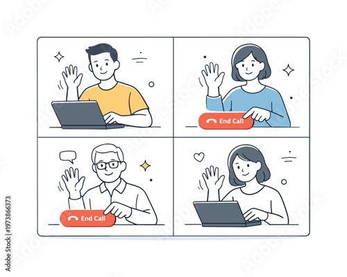 Ending a video meeting. Participants wave goodbye in a video call grid, closing laptops or tapping end call buttons. Calm ?????????? ????????? with friendly