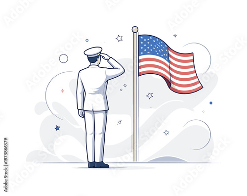 Ceremonial Salute. Figure saluting toward a flag or symbolic shape, composed and steady stance. A solemn, meaningful atmosphere expressed through minimal forms