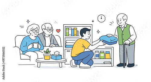 Sharing photos and memories. Grandparents and grandchildren look through a photo album together, pointing and smiling at past moments. Nostalgic yet light