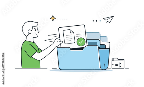 Final document release. An approved document card moving into an archive or shared folder, marked with a green check badge. The mood feels complete, orderly,