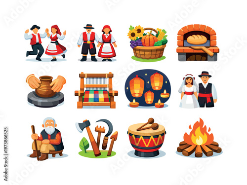 Village Traditions. Colorful flat vector icons set of Village Traditions: folk dance, traditional costume, harvest festival, bread baking, pottery craft,