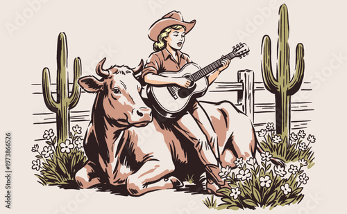 Desert Serenade. Cowgirl playing guitar on cow. Western country music vintage print design. Wild west life graphic art.