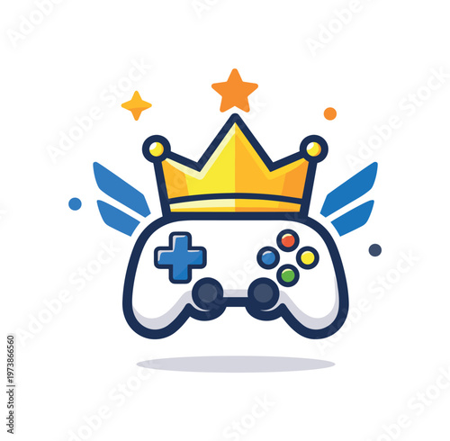 Esports tournament badge represented by a stylized crown above a gamepad icon, symbolizing champions, rankings, and elite performance in esports. Minimalist