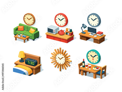ClockPlacement. Isometric flat vector icons set of ClockPlacement: living room wall clock, kitchen wall clock, office wall clock, bedroom bedside clock,