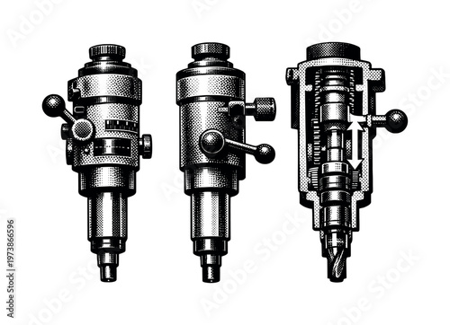 milling machine quill A milling machine quill shown in front, side, and cross-sectional style views emphasizing the cylindrical form, feed mechanism, and
