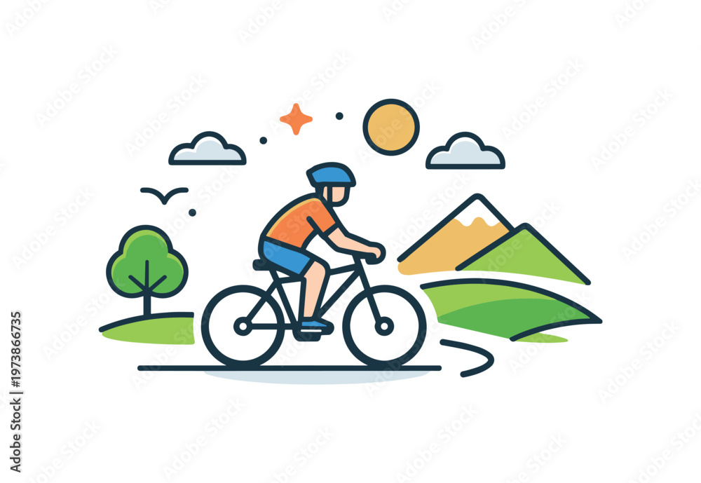 Fototapeta premium Freedom of travel a cyclist rides freely across open countryside with minimal barriers, symbolizing independence, movement, and a simple connection with