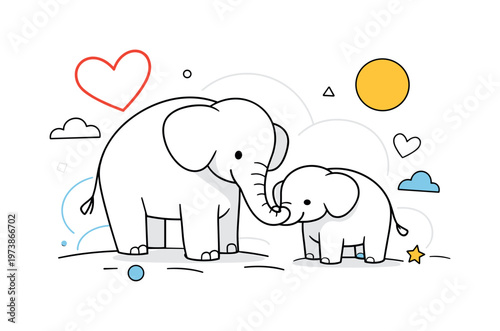 Elephant family. Adult elephant standing close to a baby elephant, trunks gently touching, soft heart or circle accents floating nearby. A warm scene about