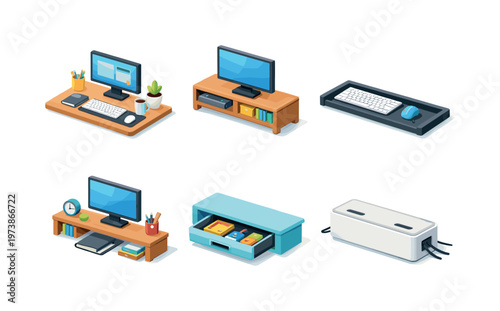 WorkspaceSetup. Isometric flat vector icons set of WorkspaceSetup: organized desk surface, monitor stand with storage, keyboard drawer tray, desk shelf riser,
