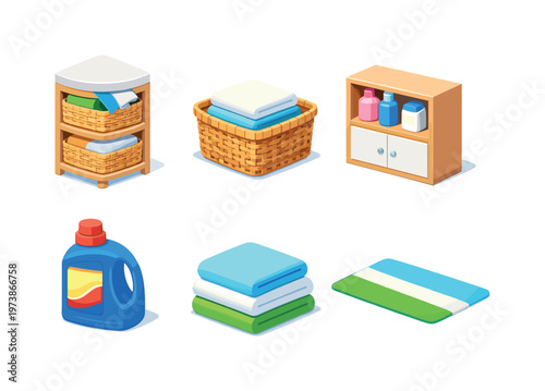 Bathroom organization. Isometric flat vector icons set of bathroom organization: laundry hamper corner unit, towel storage basket, shelf cabinet module,