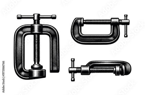 pipe vise tool A pipe vise shown holding a cylindrical pipe, alongside a side view and top view emphasizing the curved jaws and tightening mechanism. Black and