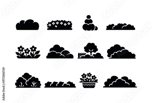 Garden Shrubs. Solid icon set of Garden Shrubs: trimmed bush, flowering hedge, ornamental shrub, garden border plants, decorative flowers, landscape design