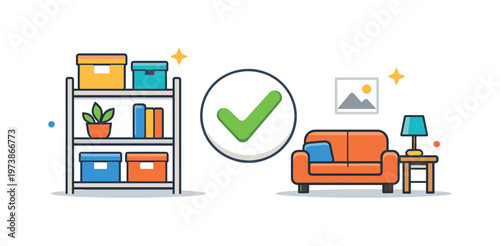 Home organization system showing tidy storage and decluttered living spaces for better focus. Boxes, shelves, and a checkmark icon represent order, clarity,