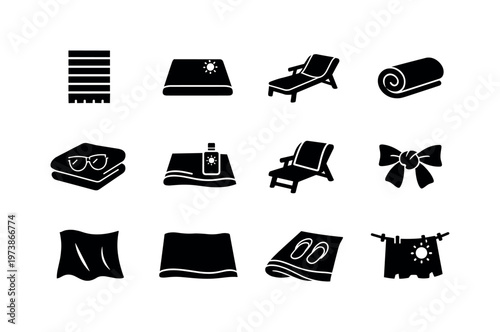 Summer Beach Towels. Solid icon set of Summer Beach Towels: colorful stripe towel, sunbathing towel, towel on lounger, rolled summer towel, towel