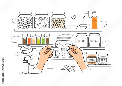 Pantry shelf organization. Neatly arranged jars and containers, hands placing labels, calm and tidy kitchen mood. Clean rows of spices, grains in glass jars,