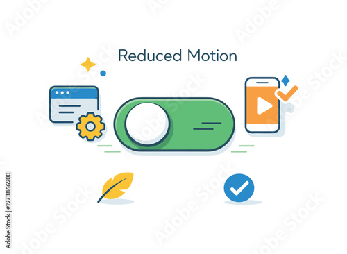 Reduced motion UI controls presented as a settings toggle with motion lines gently minimized around interface elements. The scene communicates accessibility,