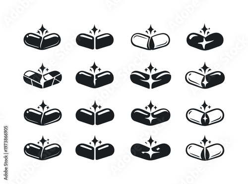 nutrition and wellness. Icon set. Set Logo of nutrition and wellness: vitamin capsule with spark. harmonious logo variations of the same emblematic concept,