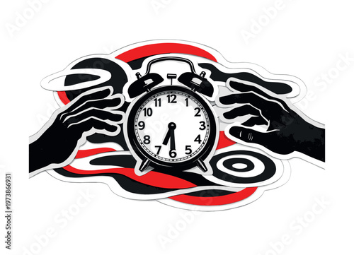 A black and white close-up of hands reaching toward an alarm clock, layered paper-cut collage style with white contour, abstract wavy lines and distorted