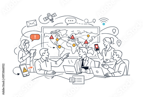 Crisis management coordination. Teams around a digital dashboard analyzing global alerts, hands pointing at maps, messages flowing between devices. Calm