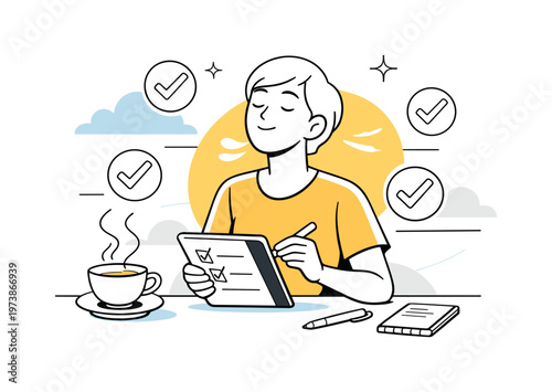 Mindful productivity. A calm workspace with a person breathing deeply while organizing tasks on a tablet, soft sunlight and floating checkmarks around. Focused