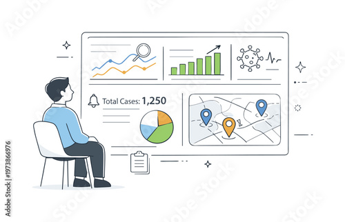 Disease surveillance dashboard. Abstract case charts and location markers updating in real time while a person observes calmly. The illustration represents