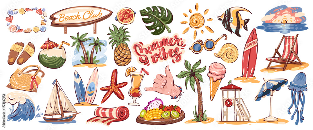 Obraz premium Summer beach club icon set with surfboards, palm trees, tropical fruits, cocktail, ice cream, slides, lifeguard tower, wave, sun, jellyfish and lettering. Bold doodle cartoon style vector illustration