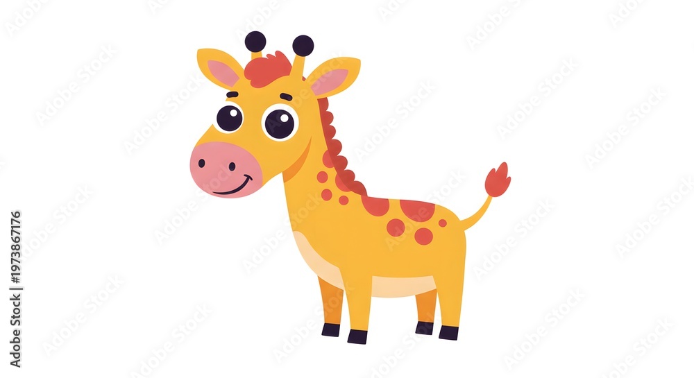 Obraz premium A cartoon giraffe smiles and poses, with a happy expression and friendly demeanor. The giraffe stands gracefully