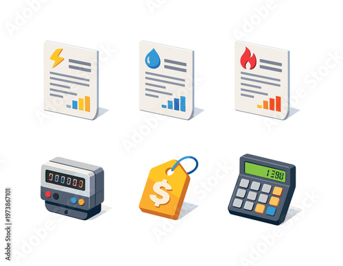 Utility rates. Isometric flat vector icons set of utility rates: electricity bill document, water bill document, gas bill document, utility meter device, price