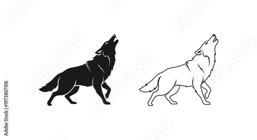 Howling Wolves: Striking Black & White Canine Silhouettes Vector