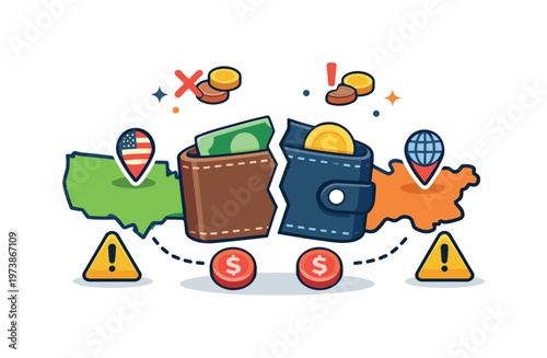 Expat tax confusion visualized by a wallet split between two locations on a simple map with warning symbols, conveying fear of double taxation and financial