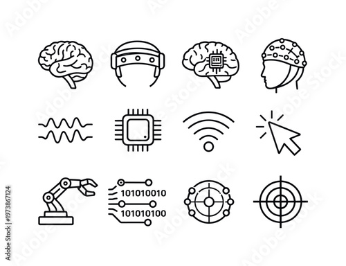 Brain-Computer Interface. Line icon set of Brain-Computer Interface: human brain, EEG headset, neural implant, electrode cap, signal decoding, brain waves,