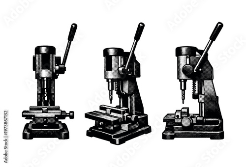 bench mortiser machine A bench mortiser shown in front view, angled view, and side profile highlighting the vertical chisel, lever arm, and clamping base.