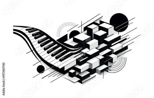 piano keys flowing into abstract blocks and geometric lines black and white keyboard with cut-out layered composition modern-retro poster aesthetic white