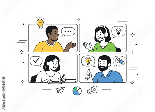 Team video meeting discussion. Several colleagues communicate through a grid of video call frames, exchanging ideas and reacting with simple expressions. Scene