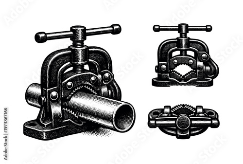 pipe vise tool A pipe vise shown holding a cylindrical pipe, alongside a side view and top view emphasizing the curved jaws and tightening mechanism. Black and