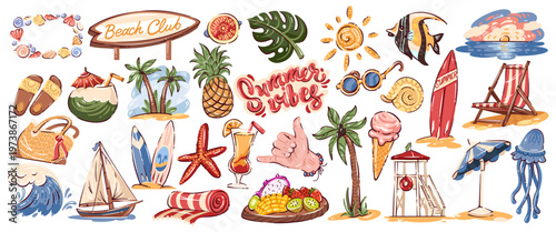 Summer beach club icon set with surfboards, palm trees, tropical fruits, cocktail, ice cream, slides, lifeguard tower, wave, sun, jellyfish and lettering. Bold doodle cartoon style vector illustration