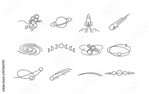 Space and Gravity. Minimalistic set one-line drawing astronaut tethered in space, planet with rings, rocket launch, meteor falling, galaxy spiral, moon phases