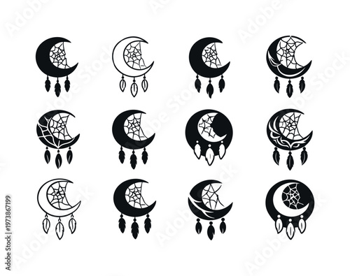 DIY dreamcatcher projects. Icon set. Set Logo of DIY dreamcatcher projects: crescent moon dreamcatcher. harmonious logo variations of the same emblematic