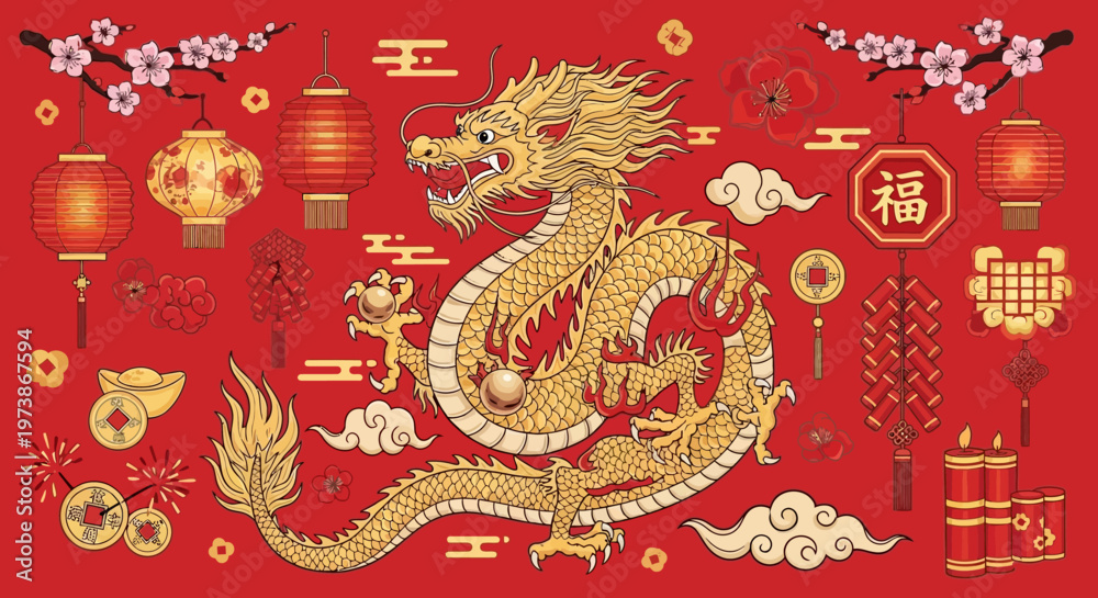 Fototapeta premium Chinese New Year dragon greeting card featuring golden dragon illustration with Asian cultural pattern design and mythological symbol of power and tradition