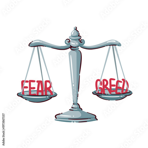 Trading psychology shown as classic scales balancing fear and greed, a clear symbol of emotional discipline and market behavior. Mental balance in trading psychology, flat vector illustration.