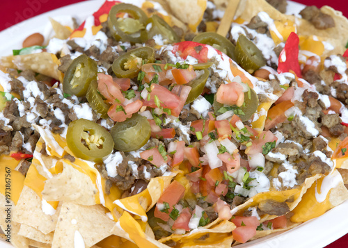 Close up view on one plate of Carne Asada Nachos. Traditional Mexican Food.