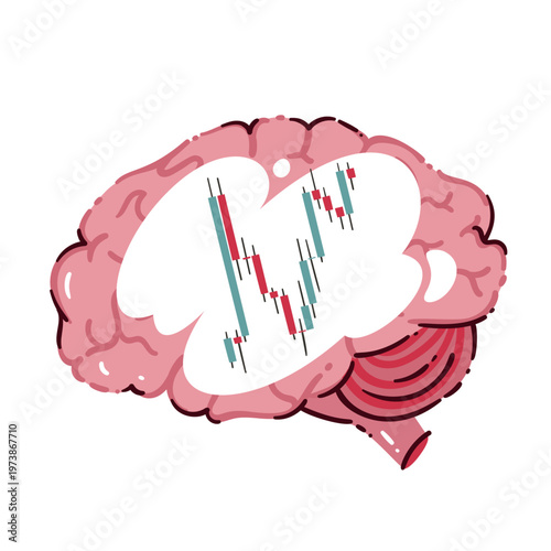 Brain with candlestick chart inside, showing trading thoughts, analysis, emotion and decision making. A visual symbol of trading psychology and market mindset, flat vector illustration.