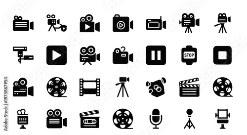 Film, movie, video production icons, 25 black vector graphics, camera, editing symbols, cinematic elements, filmmaking signs