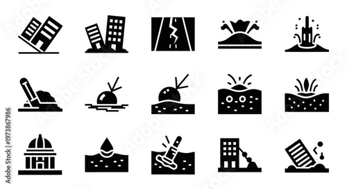 Disaster icons, 20 destruction symbols, black vector set, natural disaster, emergency response